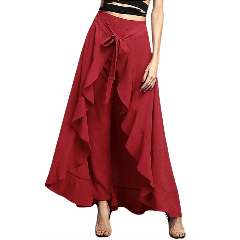 

Hot Sale Elegant Fashion Bow Wide Leg Pants Women Pants Lotus Ruffle Irregular Skirt Trousers High Waist Lace Up Pants