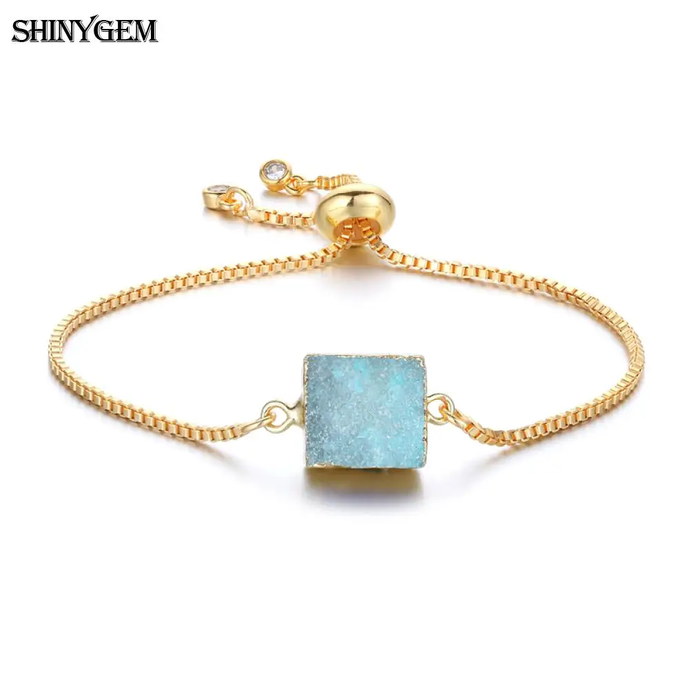 Light Blue ShinyGem 12 мм натуральный квадратный браслеты из драгоценных камней 9 планета кристалл браслет с подвесками Регулируемая золотая цепочка Druzy браслеты для женщин - Окраска металла: Light Blue