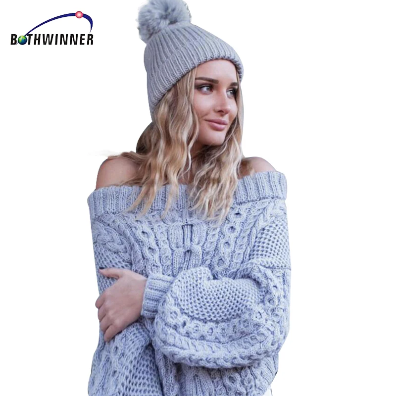 Bothwinner Women Casual Pullover Sweaters Ladies Autumn Blue Cable Knit Long Sleeve Off The Shoulder Oversized Sweater | Женская одежда