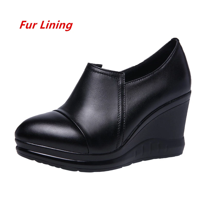 Fur Lining Два стиля; черные кожаные туфли с глубоким носком; Новинка года; модные женские туфли-лодочки на высоком каблуке; туфли на платформе; большие размеры - Цвет: Fur Lining