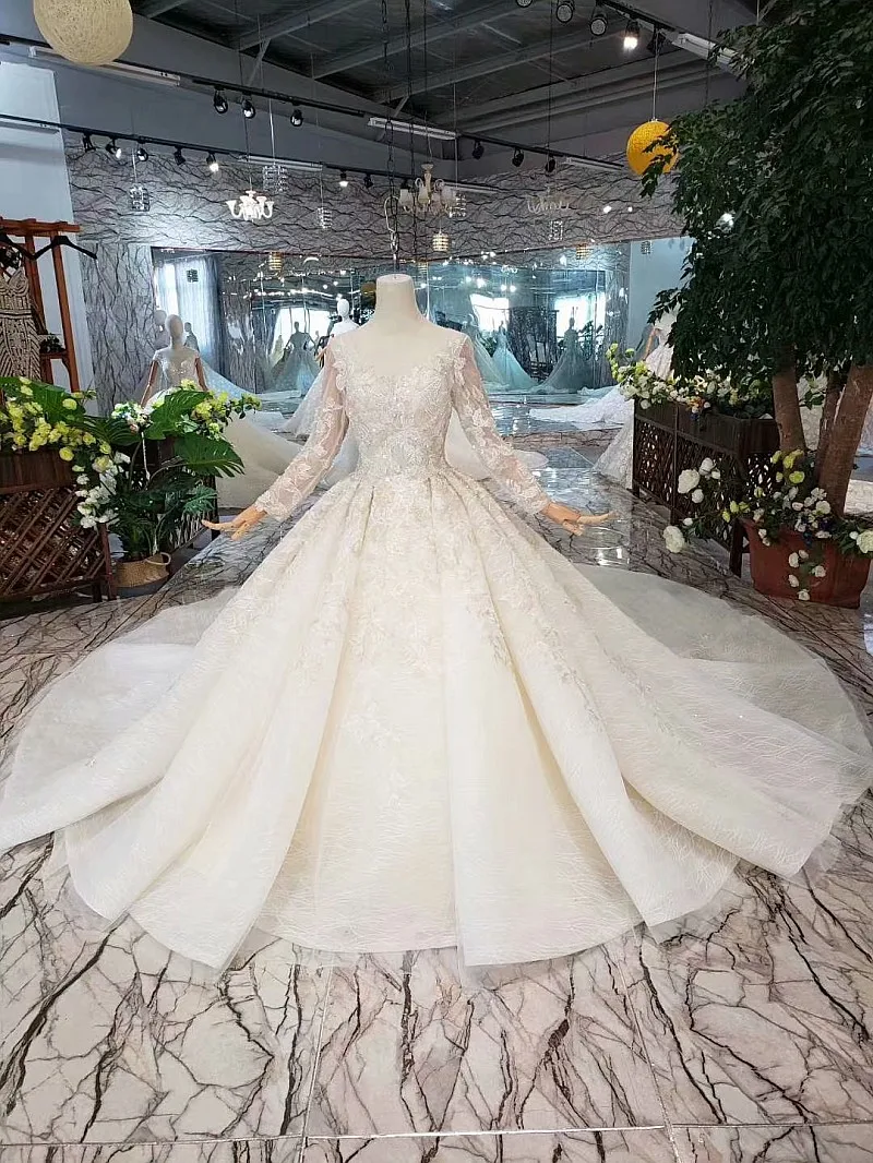 Женское свадебное платье со шлейфом SSYFashion роскошное кружевное невесты с длинным
