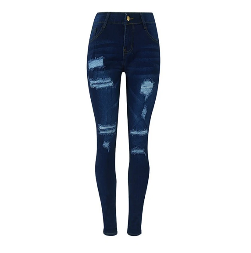 Женские рваные джинсы со средней талией синие карандаш с потертостями на молнии