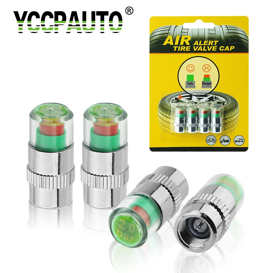 YCCPAUTO 2.0/2.2/2.4 Bar 30/32 PSI Tire Pressure Monitor Pressure Gauge Cap Sensor Indicator Alert Monitoring Tools Kit 4pcs/Lot