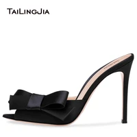 pointy peep toe high heel mules with bow black satin heeled sandals women dress heels ladies summer stiletto heel party shoes