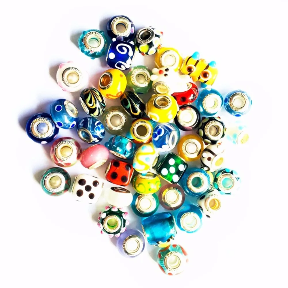 50pcs/pack DIY Round Square Big Hole Glass Bead Colorful With Wave Circle Ripple Point Pattern Jewelry Accessories For Bracelet | Украшения