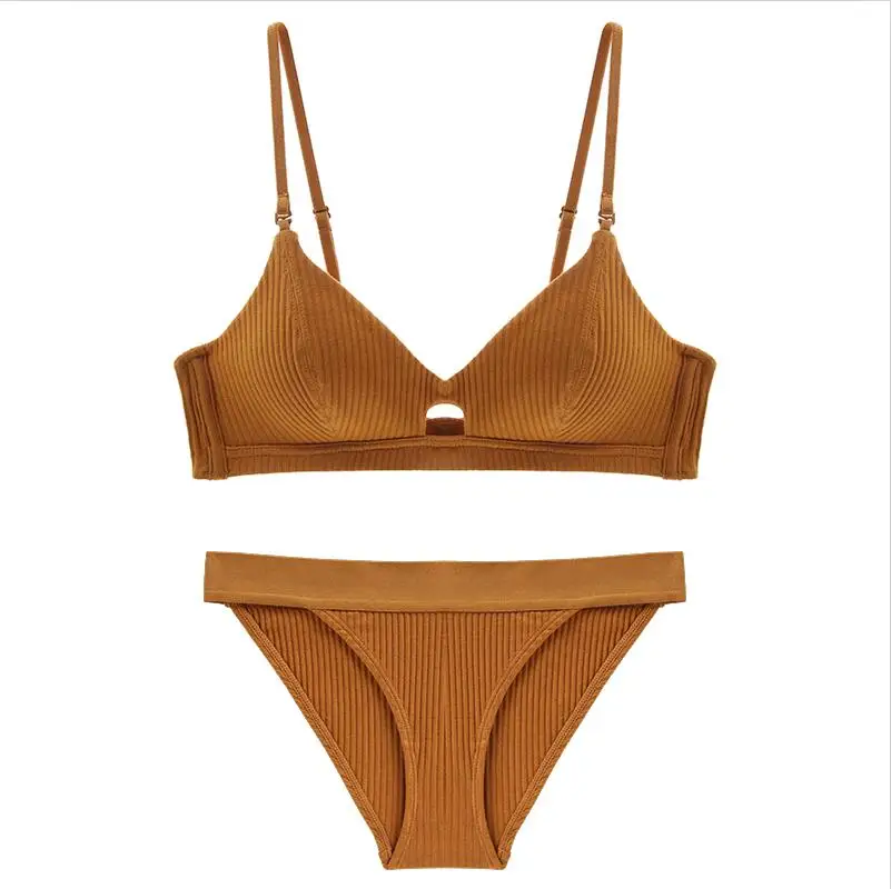 Caramel color CINOON/Высококачественный хлопковый комплект нижнего белья, Модный комплект с бюстгальтером в полоску, благородный комплект нижнего белья для девочек, бюстгальтер пуш-ап, сексуальный бюстгальтер и трусики - Цвет: Caramel color