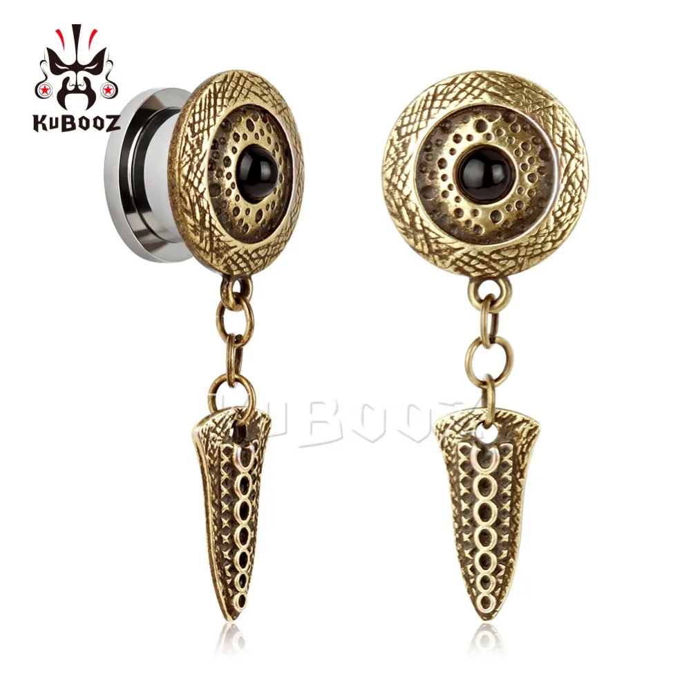 

KUBOOZ NEW Arrival Hot Fashion Stainless Steel Bronze Vintage Pendant Ear Plugs Body Jewelry Tunnels Pair Selling 2PCS