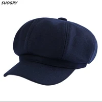 suogry 2019 retro high quality beret hat nylon solid color newsboy octagonal female cap for women berets