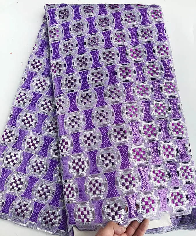 Lilac Silver 5 ярдов полная вышивка африканская ажурная органза, кружево ткань с большим количеством блесток блеск красивый - Цвет: Lilac Silver