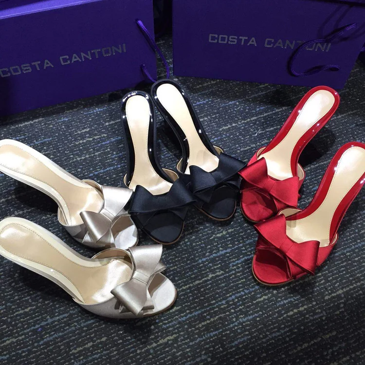 2021 Summer Shoes Woman Big Bow Thin High Heels Slippers Peep Toe Mules Lady Slides Shoes Plus Size 43 Black Red Women Sandals