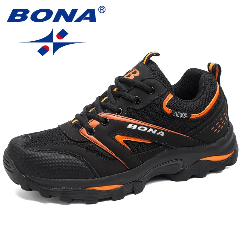 BLACK ORANGE BONA/Новинка; классический стиль; мужские треккинговые ботинки; прогулочные беговые кроссовки на шнуровке; спортивная обувь; удобная быстрая - Цвет: BLACK ORANGE