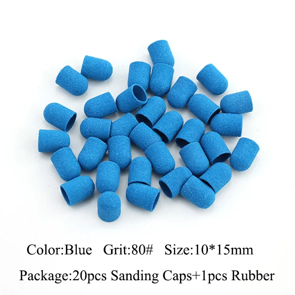 Blue-80 grit 20шт 10*15 мм электрическое сверло для ногтей пластиковая основа шлифовальные колпачки резиновый захват фрезы для маникюра педикюра Дрель аксессуары - Цвет: Blue-80 grit