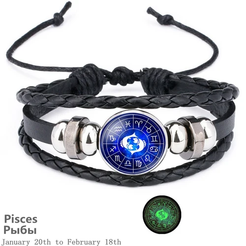 Pisces Светящийся 12 Созвездие Знак зодиака черный кожаный браслет Рак Лев Дева весы Тканые Стеклянные купольные украшения панк мужской браслет - Окраска металла: Pisces