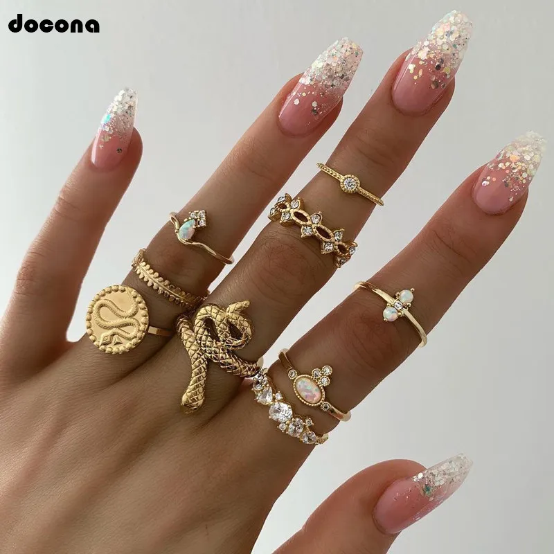 Docona 9 шт./компл. Boho золото, украшенные разноцветными кристаллами под змеиную кожу с геометрическим рисунком костяшки Миди кольцо комплект ювелирных изделий для Для женщин Свадебная вечеринка украшения Anillos 7054