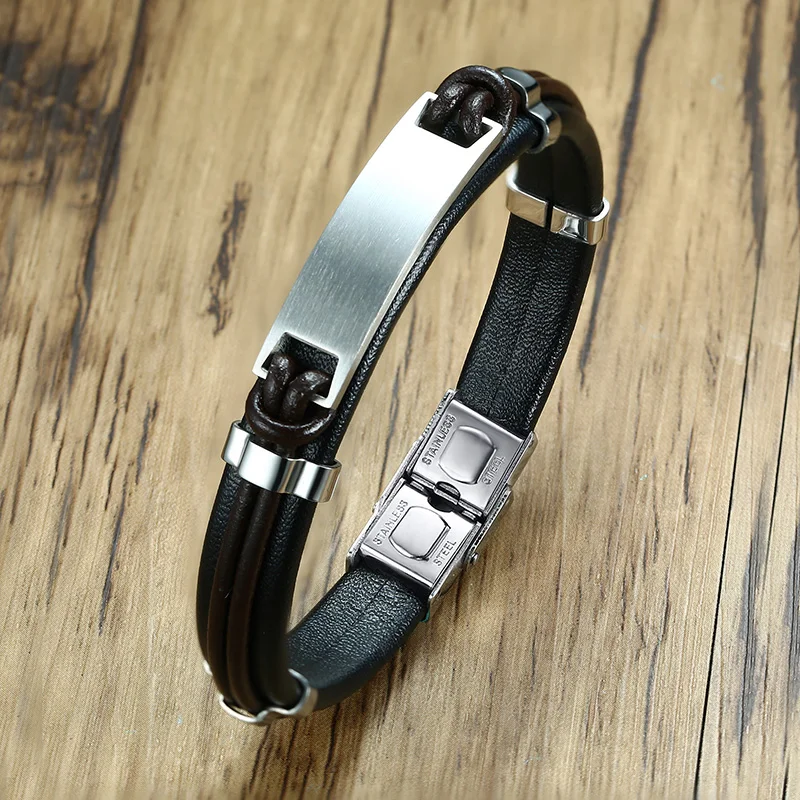 Lettering and laser personalized stainless steel ID bracelet men's handmade leather | Украшения и аксессуары