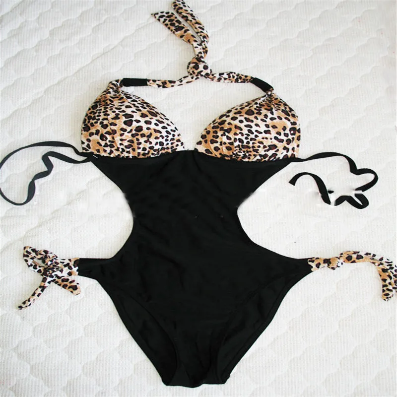 Сексуальные Leopard Печатных Цельный Пуш-ап Холтер Strappy Купальник Купание Пляжная |