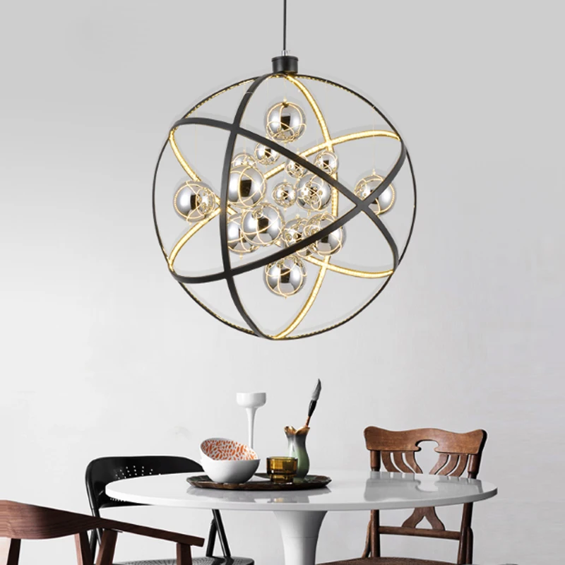 Postmodern Solar System Design Chandelier Creative Stainless Steel Ring Glass Ball Restaurant Decoration LED Adjustable Lighting | Освещение