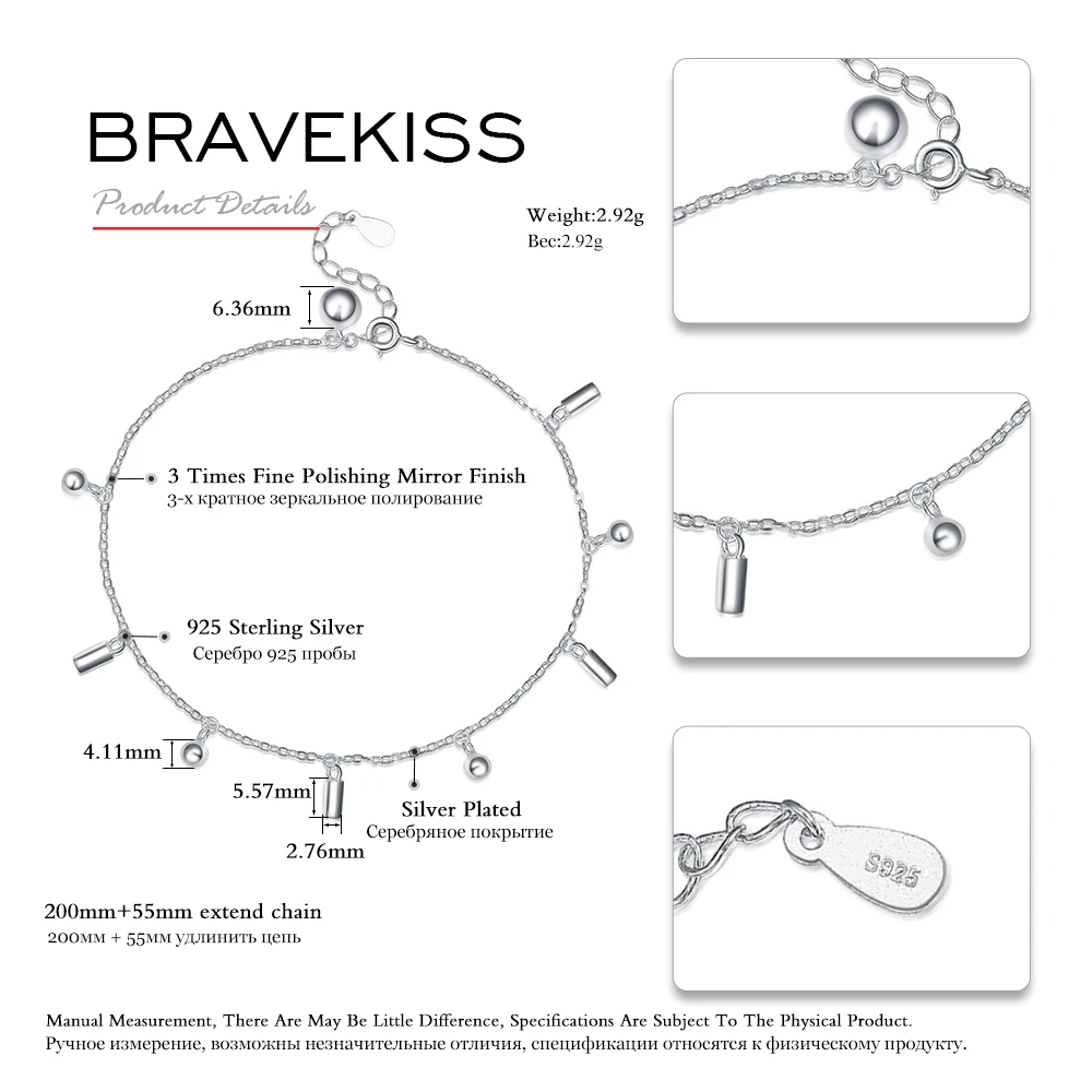 BRAVEKISS 925 серебро anklets Для женщин Регулируемый шарик ножной браслет очаровательный