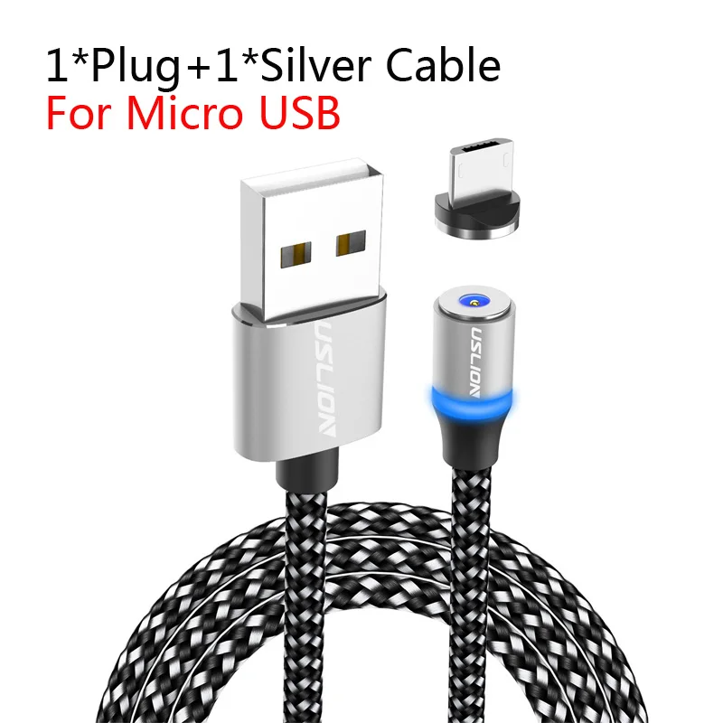 For Micro Silver USLION 1 м 2 м светодиодный магнитный кабель USB type-C и Micro USB для iPhone Xs Max 8 7 6 для samsung Xiaomi HUAWEI зарядный кабель - Цвет: For Micro Silver