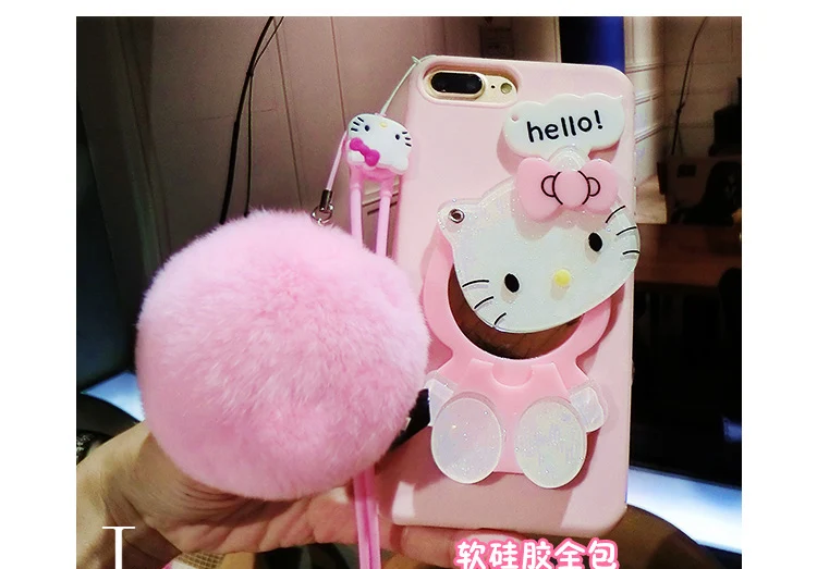 Hello kitty Cosmetic mirror TPU cases for iphone 7 7plus 6 6s plus back cover Fluffy Rex Rabbit wool ball girl tpu pink |