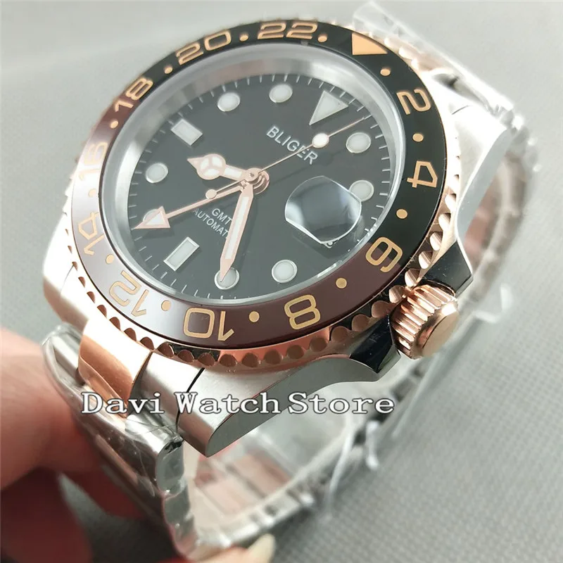 Bliger 40 мм черный циферблат розовое золото GMT сапфировое стекло Автоматические наручные часы 2625