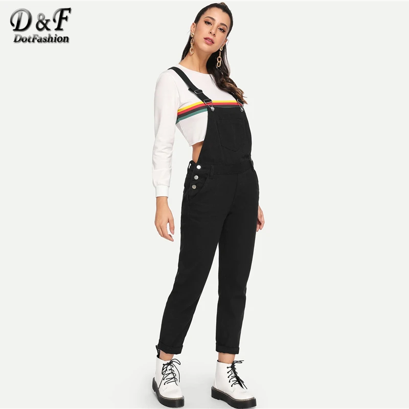 Dotfashion, черный джинсовый комбинезон с карманами для женщин, осень, повседневные уличные Комбинезоны для женщин, цельный обтягивающий комбинезон