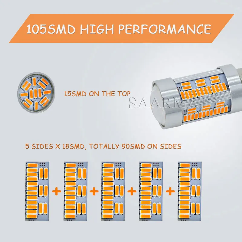 2 шт. Canbus T20 7440 W21W WY21W 105-SMD 2000LM Янтарный Желтый Canbus обратный светильник передний задний поворотник DRL дневные ходовые огни