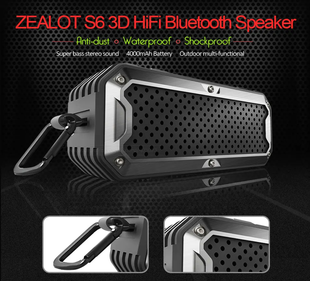 ZEALOT S6 3D стерео Bluetooth динамик водонепроницаемый открытый беспроводной сабвуфер Handsfree Поддержка AUX TF карта 4000 мАч батарея