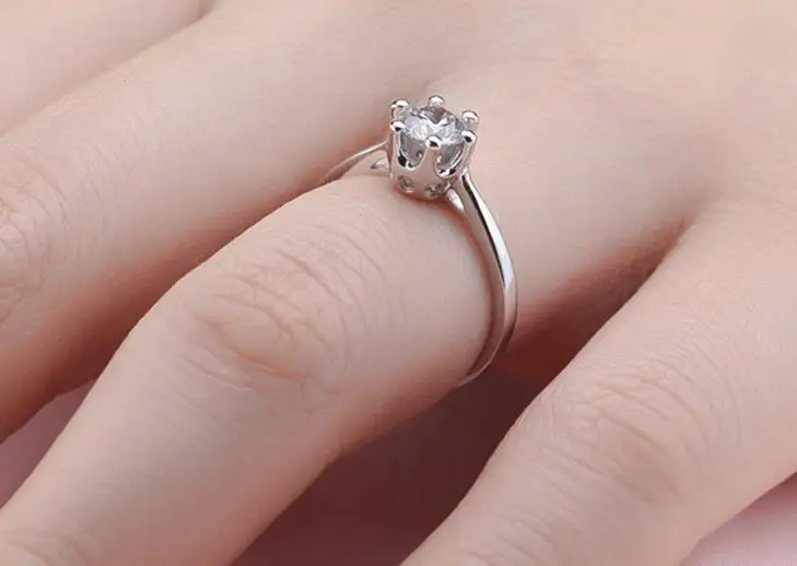 Solitaire CZ Stone Engagement Ring Six Prong Settings 6mm Shiny Genuine 925 Sterling Silver Jewelry Marriage Gift for Wife Lover | Украшения