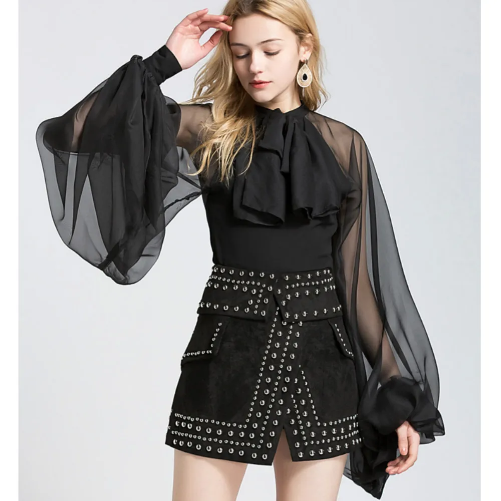 Модные женские шифоновые блузки с бантом на шее 2018 летние сексуальные большие