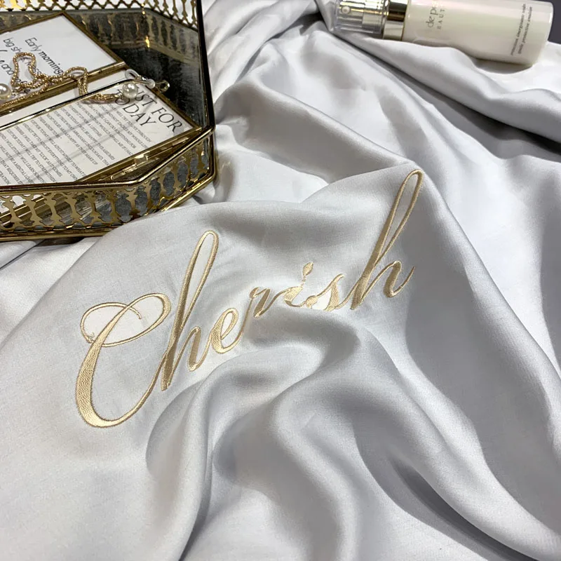 Белый фиолетовый розовый серый роскошный удобный 100S Tencel Шелковый набор постельного белья с вышивкой пододеяльник кровать застежки для простыни льняной чехол для подушки