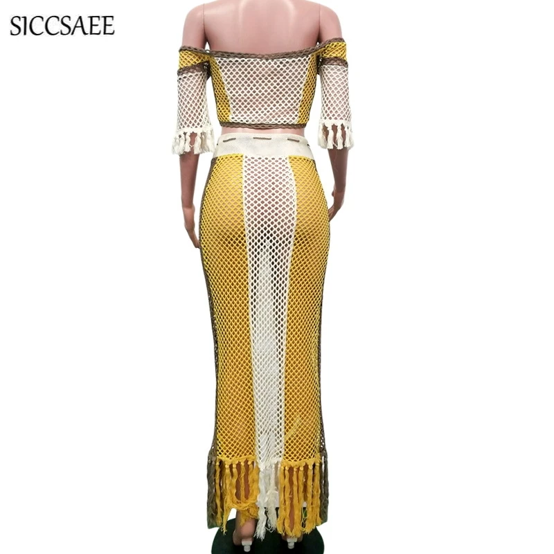 

Off Shoulder Backless Ribbons Crop Top Tassels Boho Vestidos Largos 2019 Summer Beach Style Mesh Fishnet Sheer Two Piece Dress