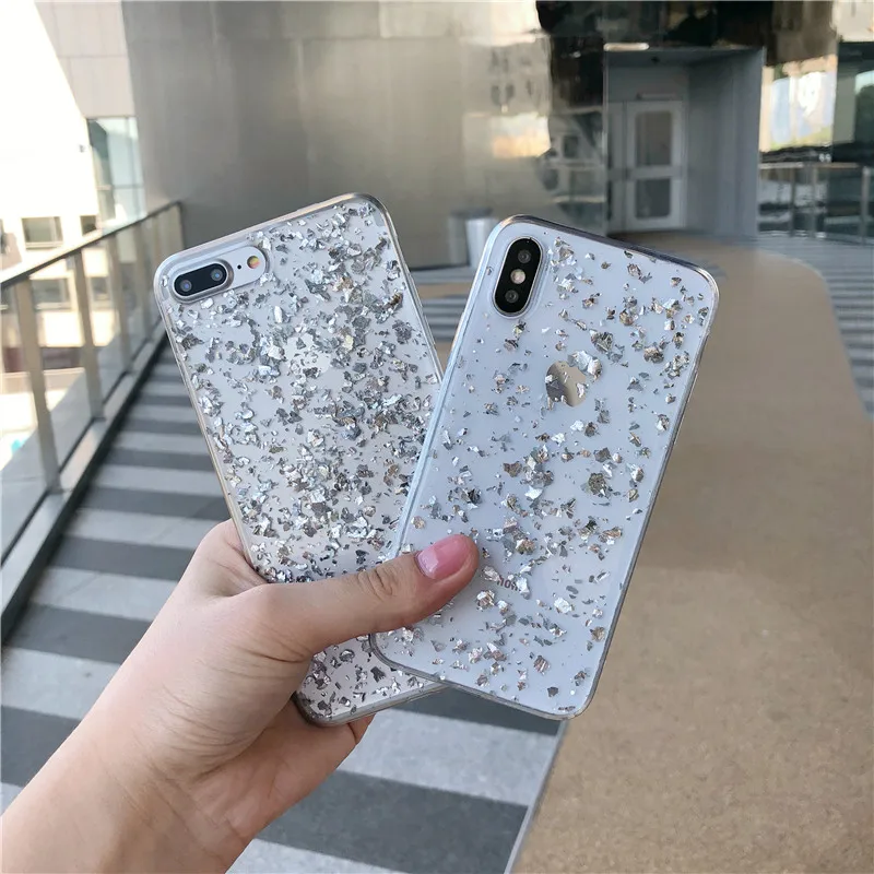Модные эпоксидной смолы серебряного Фольга осколки чехол для iPhone X XS XR MAX 6 6s 7 8