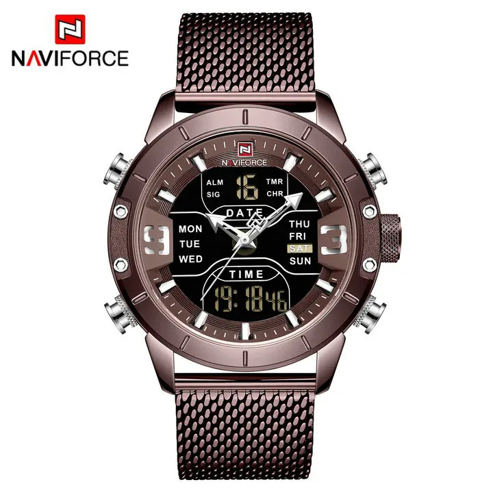 COFFEE COFFEE NAVIFORCE, военные спортивные часы, мужские Аналоговые Цифровые часы с двойным временем, календарь, сетчатый ремешок, кварцевые мужские часы, Топ бренд класса люкс - Цвет: COFFEE COFFEE