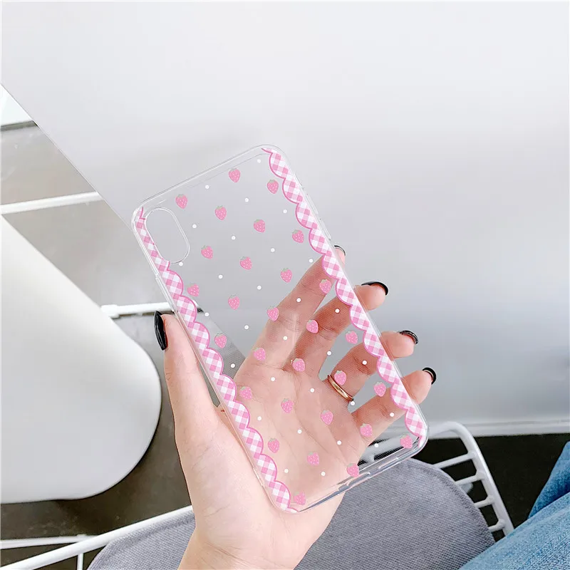 Розовый кружевной край клубника мягкая прозрачная задняя крышка Прекрасный