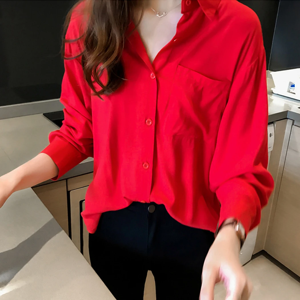 Женская рубашка с отворотом в Корейском стиле большие размеры M-4XL свободные топы