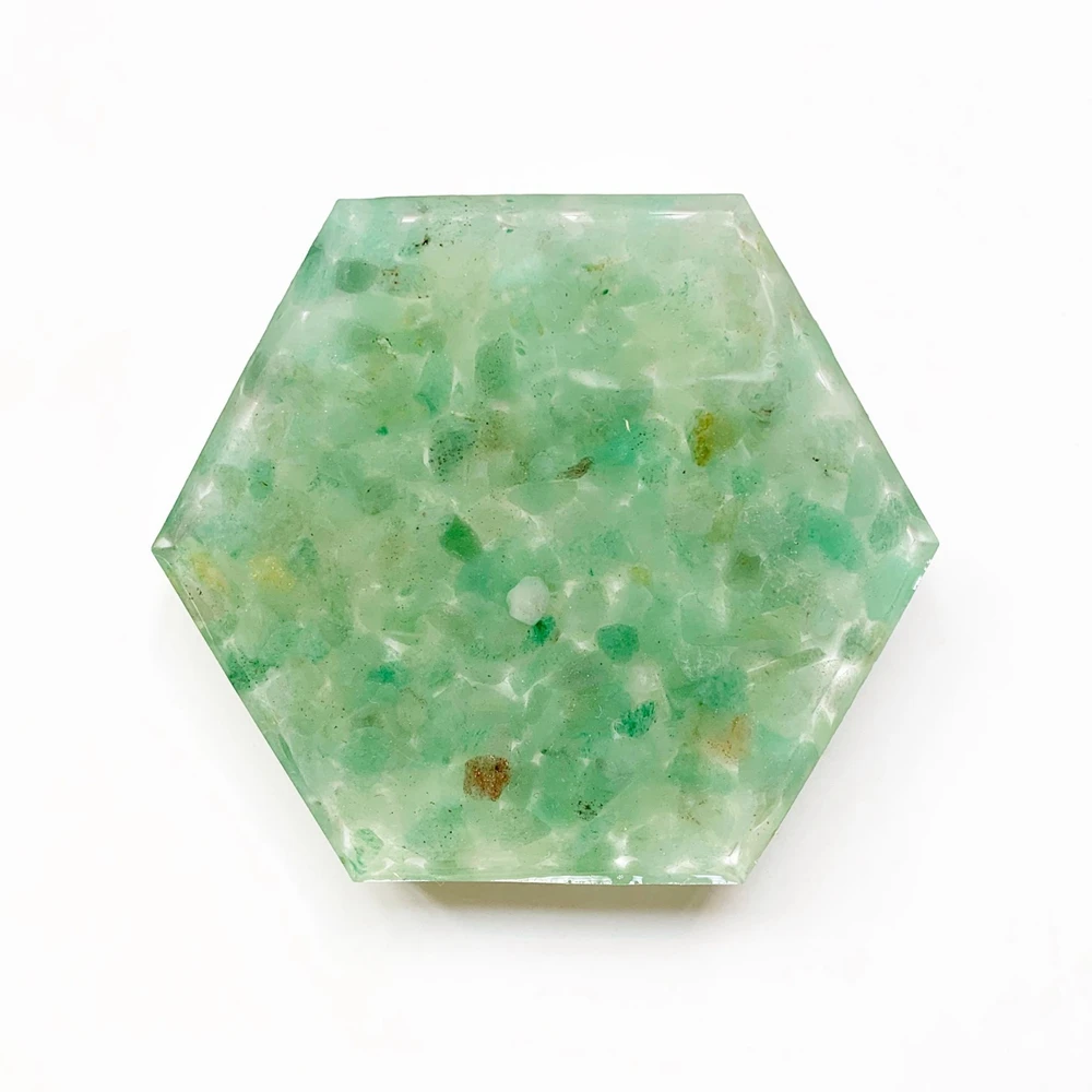 

Green Aventurine Crystal Stone Chips Gravel Stones Coaster Cup Holder Resin Figurine Statue Hexagon Geometric Shape Decor