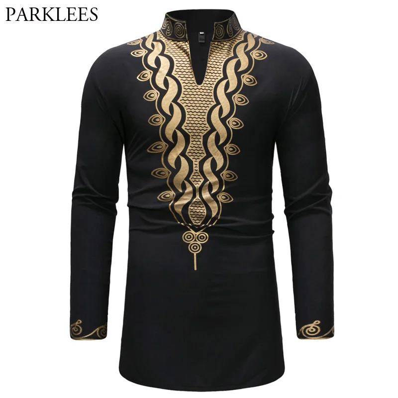 

Men's Black Hipster Stand Collar Longline Shirt 2018 Fashion African Dashiki Print Long Sleeve Men Dress Shirt African Clothes