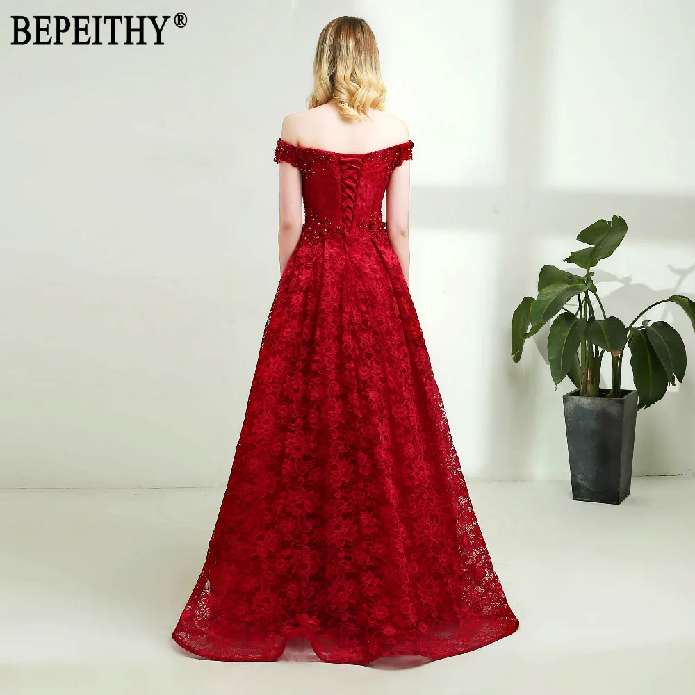 BEPEITHY Новое поступление vestido de festa вырез лодочка, аппликация кружева Длинные Бордовые Красные кружевные вечерние платья