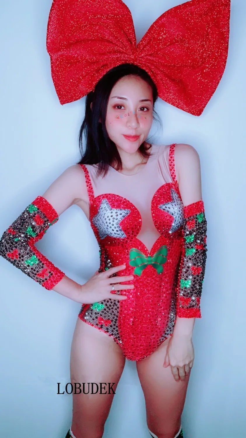 Valentine's Day Women Nightclub Dancer Jazz Performance Stage Bodysuit Red Crystals Elastic Bodysuits Bar Party Singer Costume