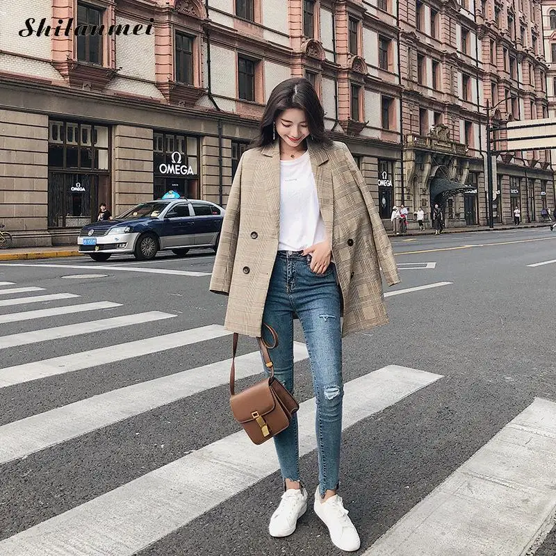 Осень Зима Ретро бойфренд клетчатый Блейзер женщина зубчатый карман двубортный