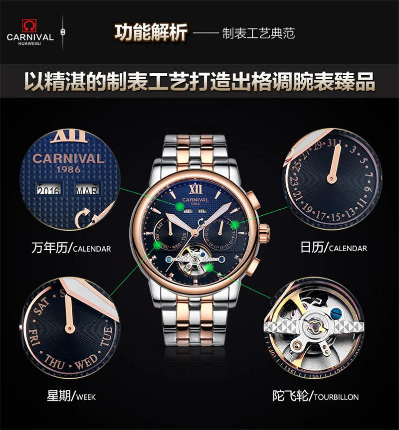 

2017 Luxury Brand Year month week function Men Full Stainless Steel Business Watches Tourbillon mechanical Clock Men Wrist Watch