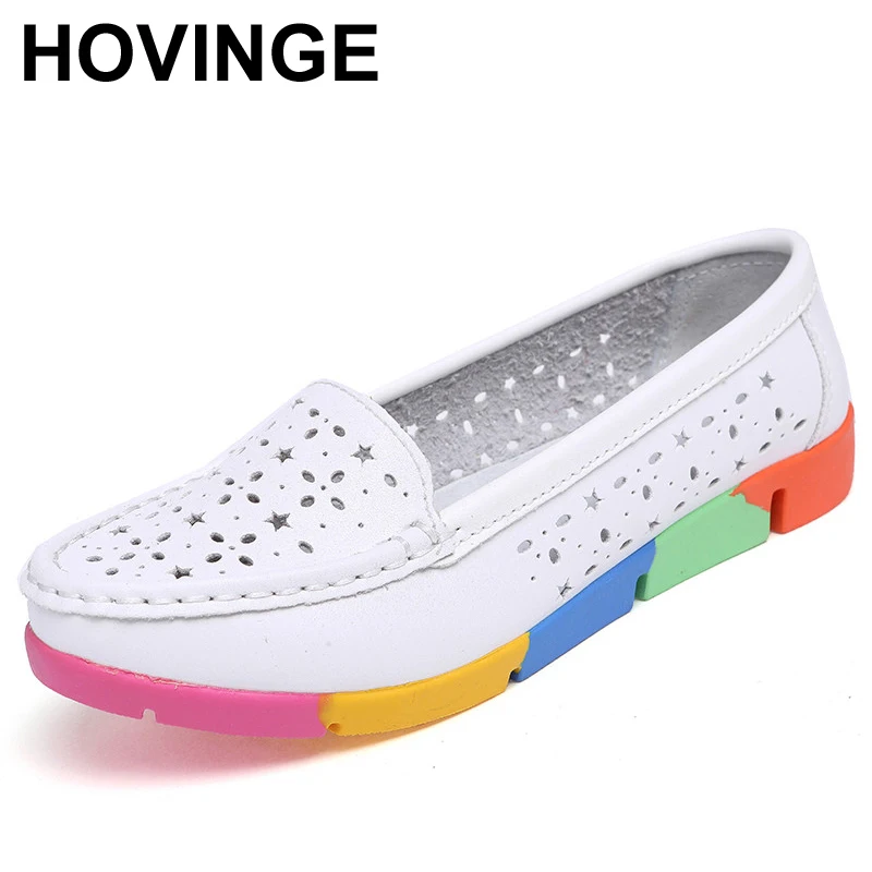 HOVINGE Women Casual Ballet loafers Flats Shoes Perforated Genuine Leather Slip on Cut Out Camouflage Ladies Soft ballerina D056 | Обувь