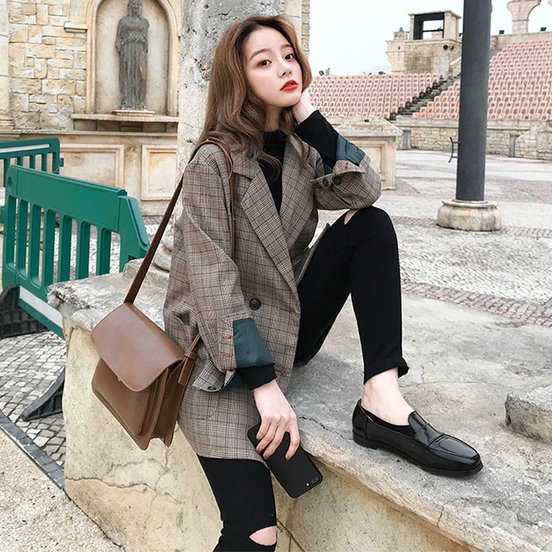 Женская винтажная клетчатая куртка с длинным рукавом и карманами женские пальто