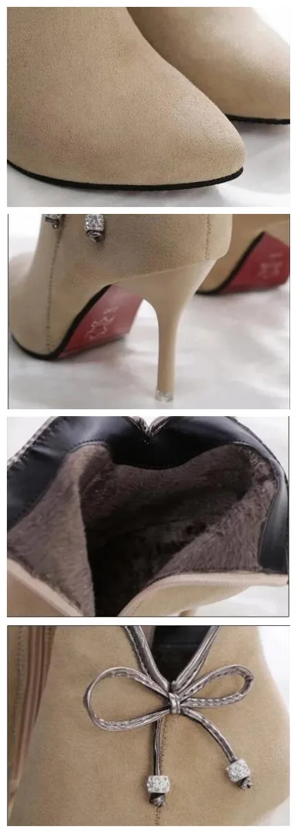 Осень-зима женские шпильки Ботильоны женщин острый носок с бантом на молнии