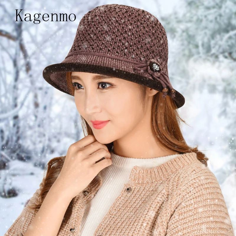 Kagenmo Mother's Bucket Hat Winter Outdoor Keep Warm Female Fishing Cap Knitting Wool Women Winter Bucket Cap Short Brim Topper