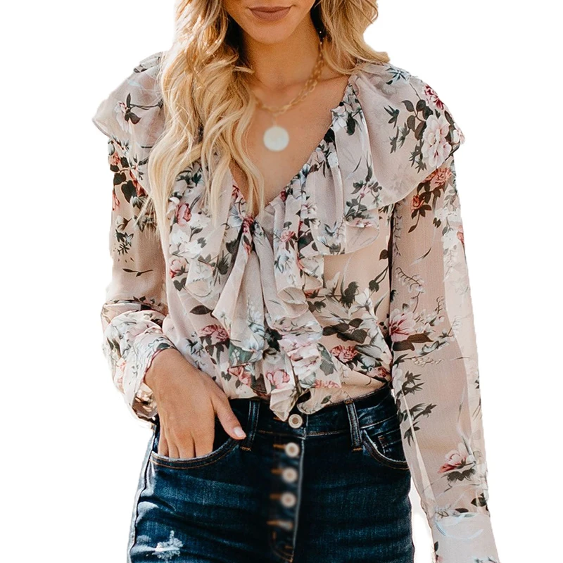 2019 Новинка весны шифоновая блузка с рюшами женские элегантные цветочный принт