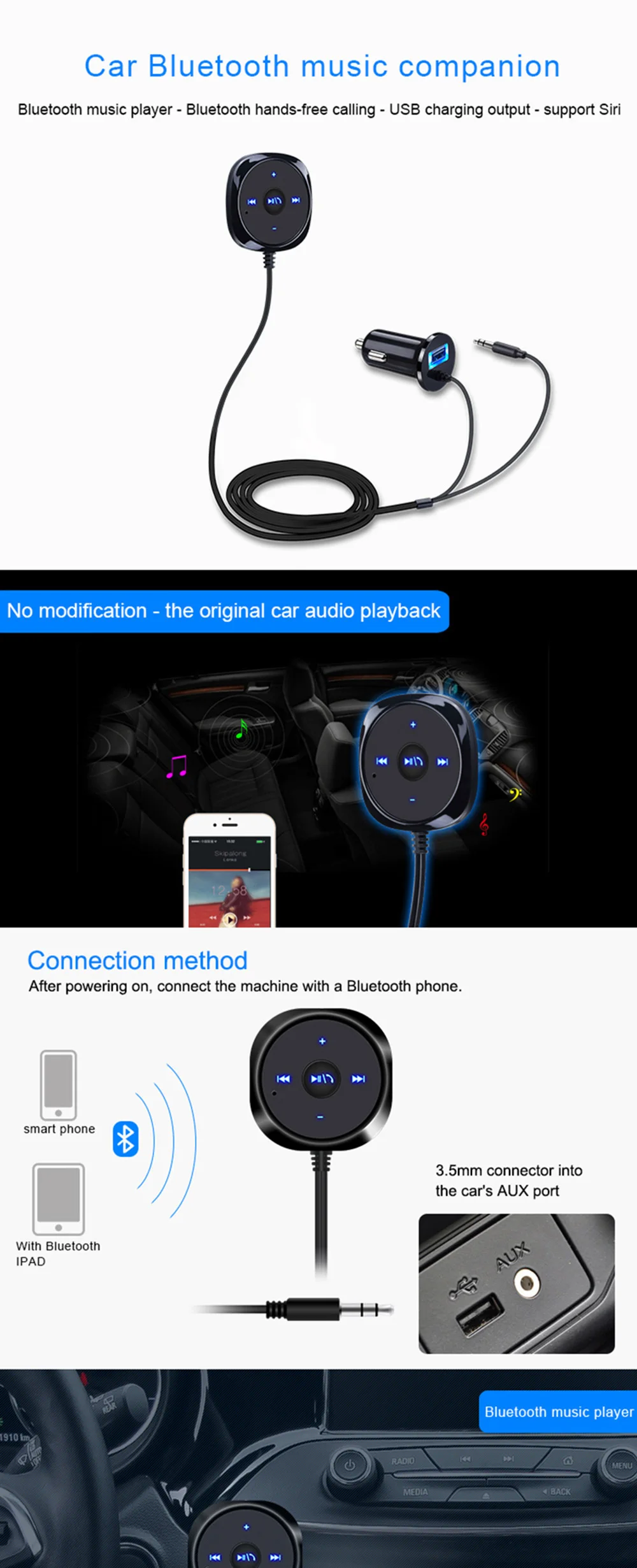 Беспроводной автомобильный комплект Bluetooth Aux, музыкальный ресивер, 3,5 мм, адаптер, громкая связь, светодиодный автомобильный AUX динамик с USB, автомобильное зарядное устройство для телефона DY103