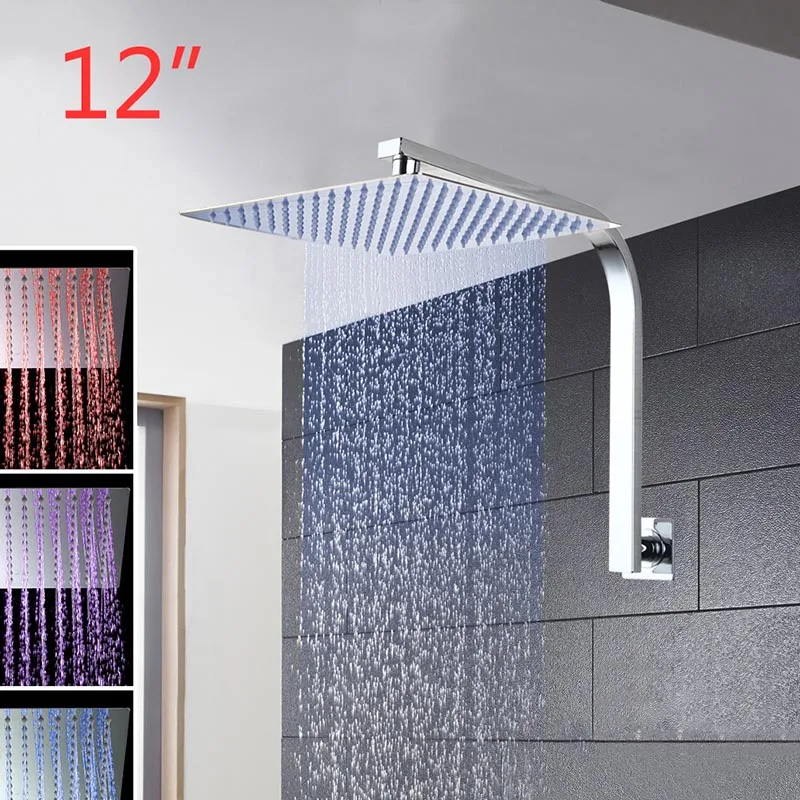 Light 12 Inch JIENI хромированная отделка 16 дюймов дождевая квадратная душевая головка гусиная шея душевая дужка набор смесители для душа насадка для душа со светодиодной подсветкой - Цвет: Light 12 Inch