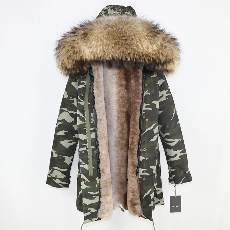 green camo natural D OFTBUY, длинная парка, зимняя куртка, Женское пальто с натуральным мехом, большой воротник из натурального меха енота, теплая Толстая Уличная одежда, повседневная верхняя одежда - Цвет: green camo natural D